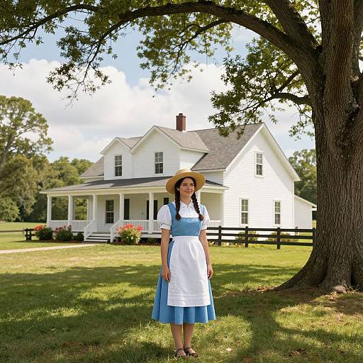Photograph of a smiling woman in a blue and white maid dress with braids and straw hat, standing in front of a white colonial-style house under