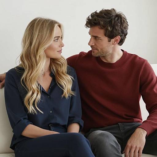 Young Couple Sitting on White Couch