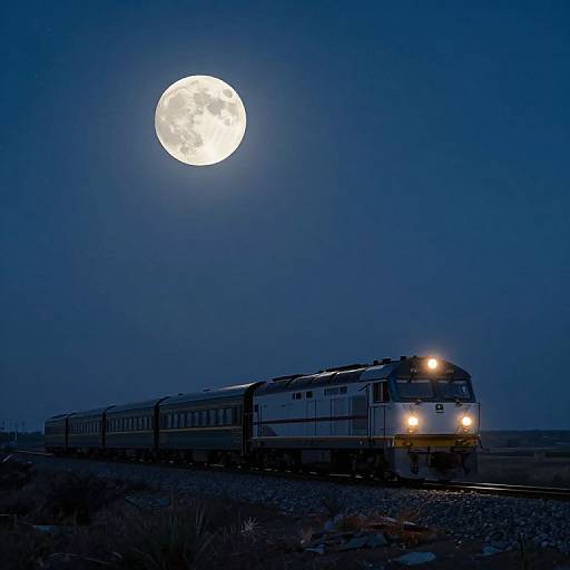 Photograph of a nighttime train with bright headlights, passing under a large, luminous full moon in a dark blue sky.