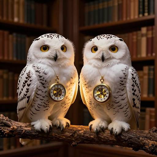 Clockwork Snowy Owls in Library