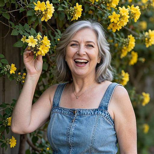 Photograph of a smiling middle-aged woman with gray hair, wearing a denim sleeveless dress, holding yellow flowers against a blooming bush.