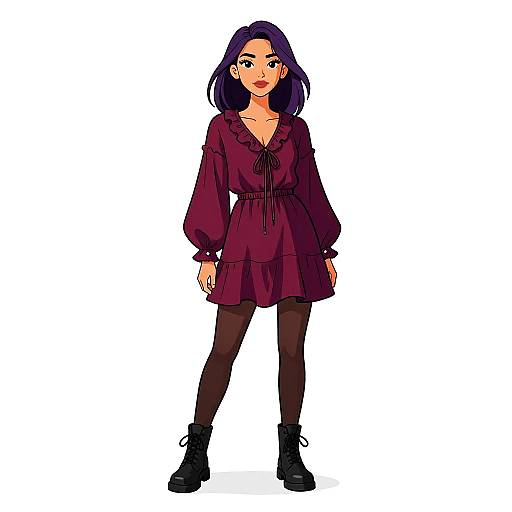 Digital anime-style drawing of a woman with shoulder-length black hair, wearing a maroon dress, black leggings, and black boots, standing against a white