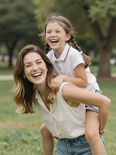Playful Mother-Daughter Backride in Park