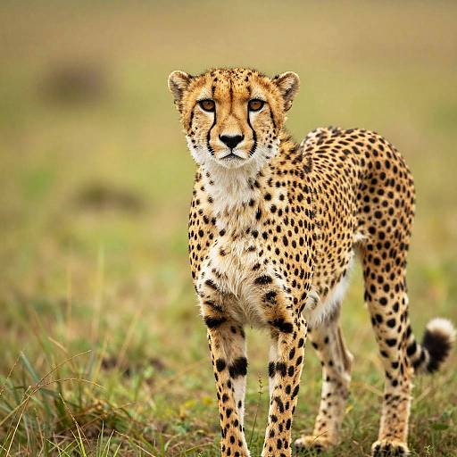 Photograph of a focused cheetah with golden-yellow fur and black spots, standing in a grassy savanna, looking directly at the camera.