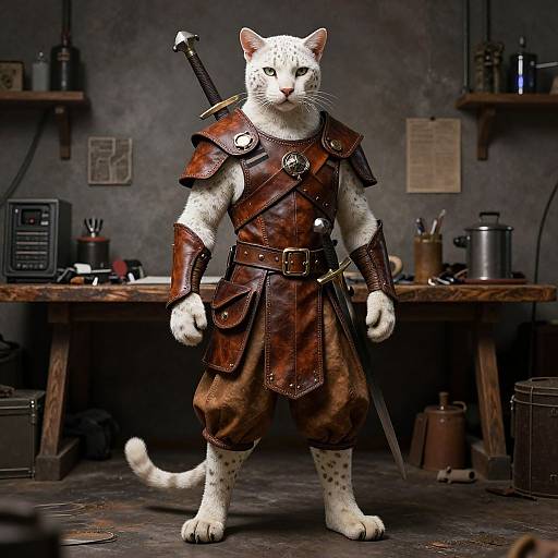 Digital art of a muscular, white-spotted leopard cat in medieval armor with a sheathed sword, standing in a dim, cluttered workshop.