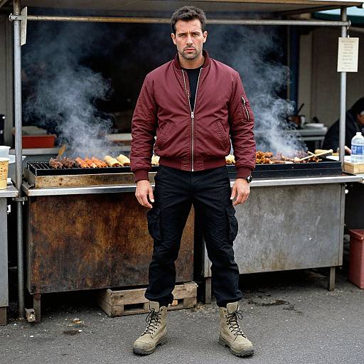 Photograph of a muscular man with short dark hair, wearing a maroon jacket, black pants, and beige boots, standing in front of a sm