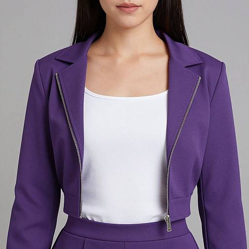 Photograph of a woman with long black hair, wearing a purple jacket over a white tank top, against a plain gray background.
