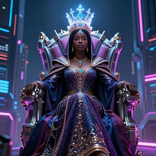 Digital artwork of a regal Black queen with glowing blue crown, seated on a futuristic, neon-lit throne, wearing intricate, royal blue and gold