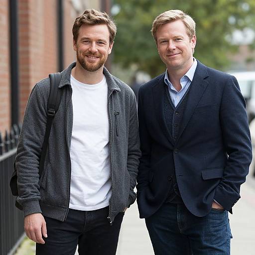 Photograph of two smiling men standing outdoors; left wears dark jacket, white tee, and black pants; right wears navy blazer, light blue shirt