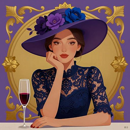 Digital Illustration of Elegant Woman in Floral Hat