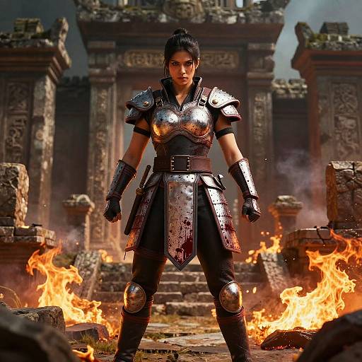 Digital art of a fierce, dark-haired woman in metallic armor standing confidently before ancient stone ruins with blazing fires.