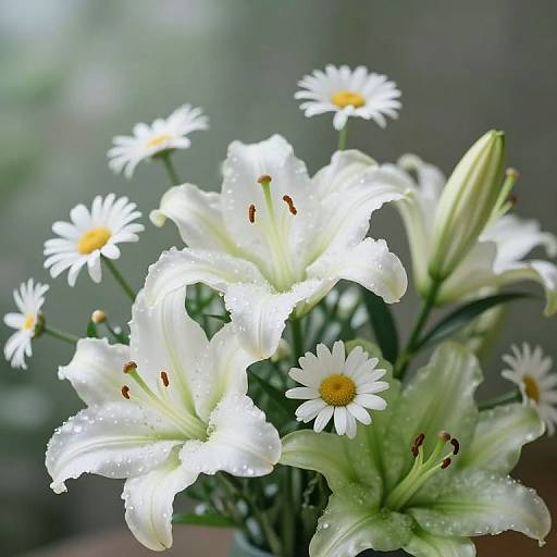 Photograph of a bouquet with white lilies and daisies, dewdrops on petals, bright yellow centers, soft green stems, blurred gray-green