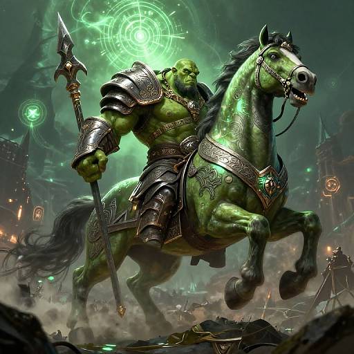 Digital artwork of a muscular, green-skinned orc warrior with armor and a spear, riding a glowing green horse, surrounded by magical orbs and a futuristic