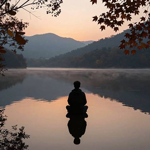 Silhouetted person meditating on calm lake at sunrise, surrounded by misty mountains and autumn leaves, creating a serene, reflective scene.