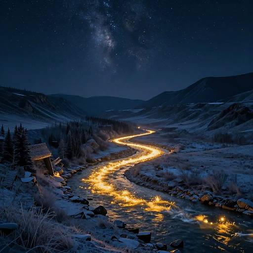 Photograph of a glowing river winding through snowy mountains at night, illuminated by starry sky and Milky Way, with a small wooden cabin on the left