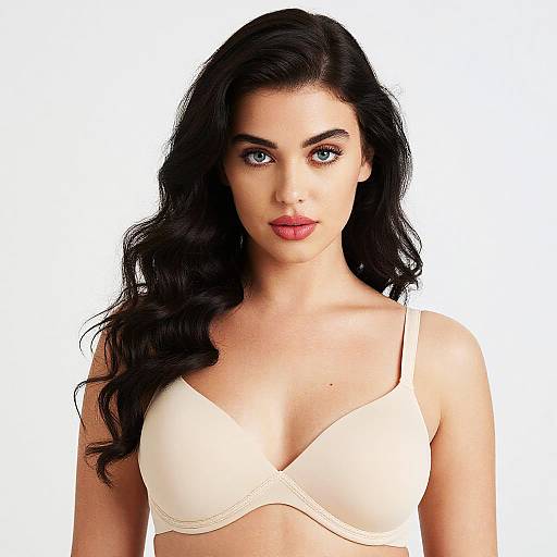 Photograph of a young woman with long black wavy hair, fair skin, blue eyes, and wearing a cream-colored bra against a white background.