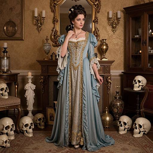Photograph of a gothic Victorian woman in a blue and gold gown, standing in a dimly lit, ornate room with skulls, candles,