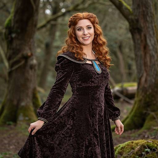 Photorealistic digital art of a smiling redheaded woman with wavy hair, wearing a black velvet dress with blue necklace, standing in a mossy