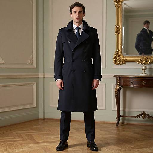 Photograph of a serious man in a black overcoat, white shirt, and tie, standing in an elegant, green-walled room with ornate