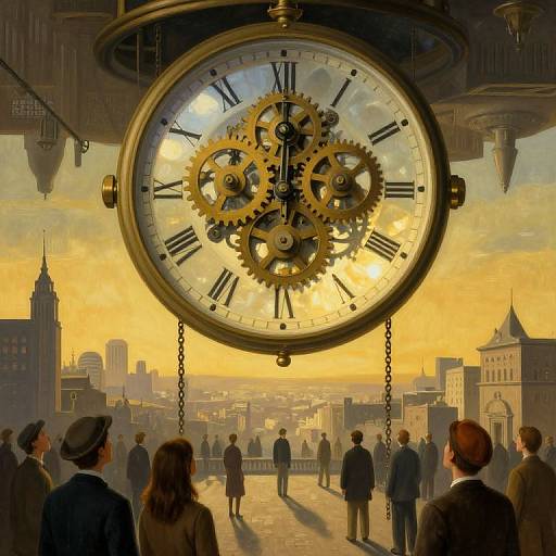 Digital artwork of a massive, steampunk clock with gears and Roman numerals, hanging above a sunlit, vintage cityscape crowd.
