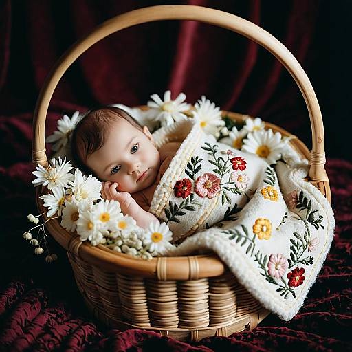 Newborn Baby Girl in Embroidered Blanket Basket