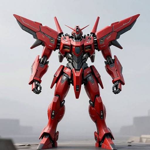 Photorealistic CGI of a red and black mecha with angular wings, standing on a foggy rooftop, showcasing detailed armor and mechanical features.