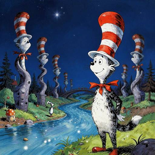 Digital illustration of a smiling black-and-white skunk wearing a red-and-white striped hat and red bowtie, standing by a glowing river at night,