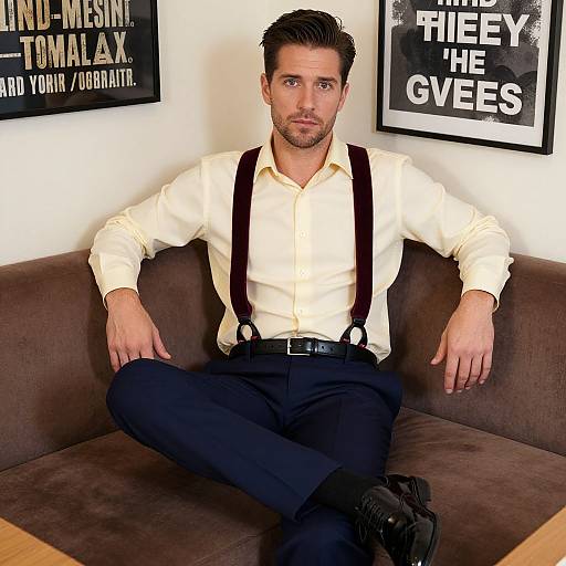 Photograph of a handsome, dark-haired man with stubble, wearing a yellow shirt, black suspenders, and black pants, sitting on a brown