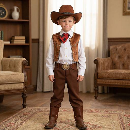 Photograph of a young boy in cowboy attire: brown vest, white shirt, red tie, brown pants, boots, and hat, standing in a