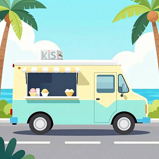 Digital illustration of a pastel blue ice cream truck with a yellow top, parked on a tropical road with palm trees and ocean in the background.