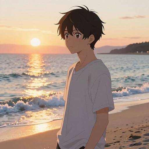 Anime-style digital drawing of a young boy with black hair, wearing a white t-shirt, standing on a beach at sunset.