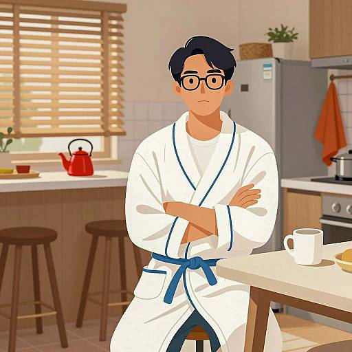 Cozy Kitchen Scene with Man in Bathrobe