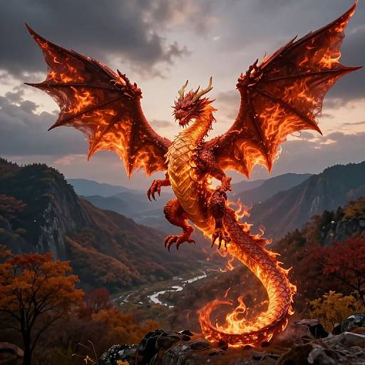 Digital artwork of a fiery red dragon with glowing orange wings soaring above a mountainous valley during sunset, surrounded by autumn foliage.