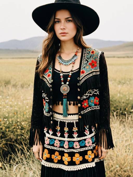Bohemian Woman in Embroidered Jacket and Wide-Brimmed Hat