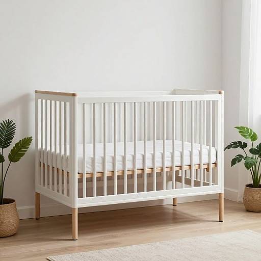 Photograph of a modern, white wooden crib with light wooden legs, set on a hardwood floor, flanked by two potted green plants.