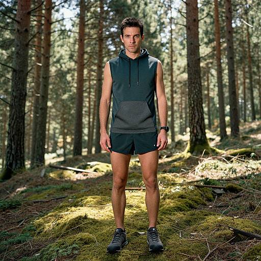 Photograph of a fit, young man in a sleeveless black hoodie and shorts, standing in a sunlit forest, with moss-covered ground and tall