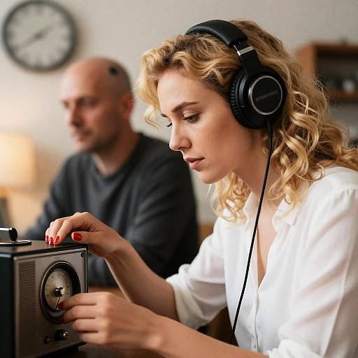 Blonde Woman with Headphones and Radio
