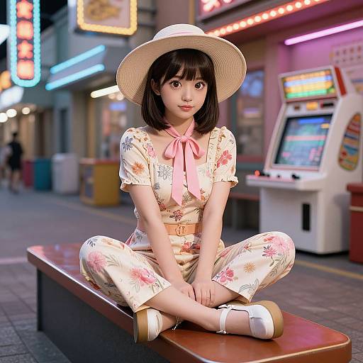 Photorealistic CGI of an Asian woman with shoulder-length black hair, wearing a floral dress, pink bow, wide-brimmed hat, and white