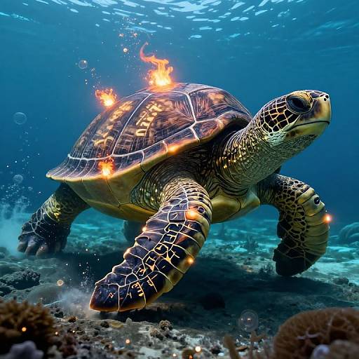 Photograph of a glowing sea turtle swimming underwater, with fire-like lights on its shell, surrounded by bubbles and coral reef.