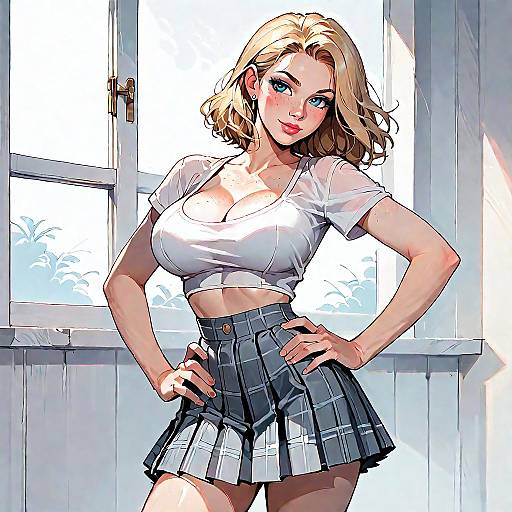 Blonde Woman in Crop Top and Plaid Mini Skirt