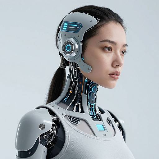 Photograph of an Asian woman with long black hair, wearing a futuristic, cybernetic headpiece and white robotic armor, against a plain white background