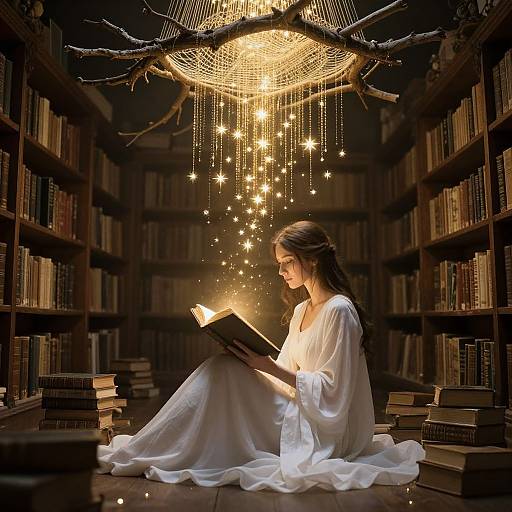 Photograph-style digital art: Enchanted library scene with a woman in a white dress reading a glowing book, surrounded by floating stars, stacks of