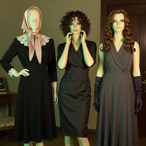 Three Vintage Mannequins in Elegant Dresses
