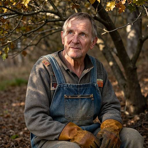 Photograph of elderly white man with weathered face, short gray hair, wearing denim overalls, brown gloves, gray shirt, sitting under autumn tree