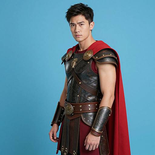 Photograph of an Asian male superhero with short black hair, wearing dark leather armor, red cape, gold shoulder plates, and arm guards, against a