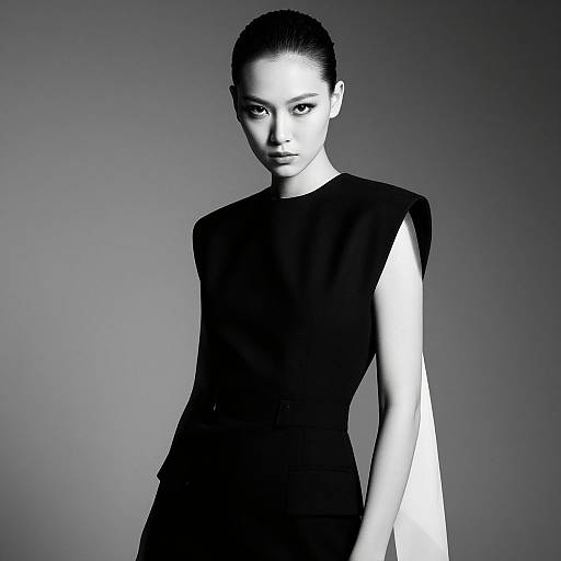 High-contrast black and white photograph of a serious, slender woman with slicked-back hair, wearing a sleeveless black dress, standing against a gradient
