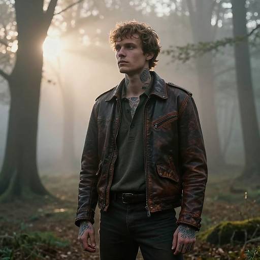 Photograph of a young man with curly brown hair, tattoos, wearing a brown leather jacket over a gray shirt, standing in a misty forest at