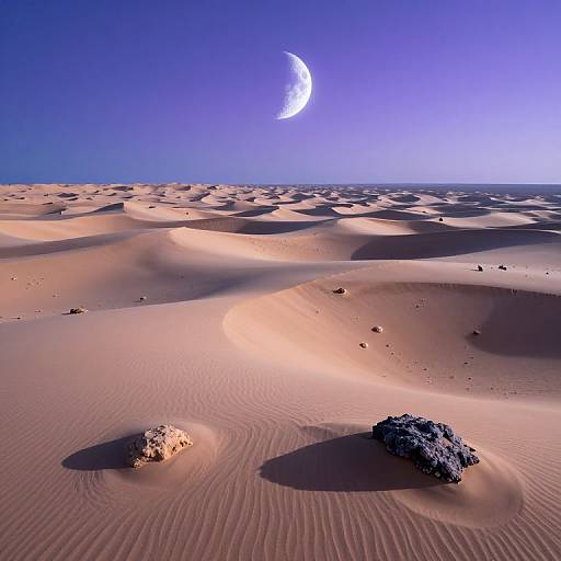 Photograph of a serene desert landscape with rippled sand dunes under a clear blue sky, featuring a bright crescent moon. Two rocks are in