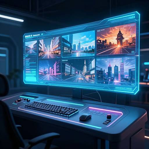 Neon-lit futuristic computer desk with glowing blue monitor displaying vibrant cityscape graphics, illuminated keyboard, and sleek black mouse.