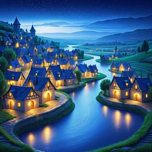 Fantasy Village by River at Night